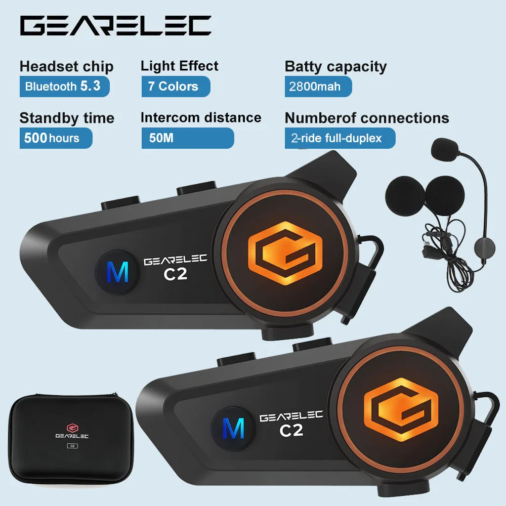 GEARELEC C2 casque de moto 5.3 Bluetooth Interphone casque 50m 2-Rider IP67 étanche BT Communication sans fil multicolore
