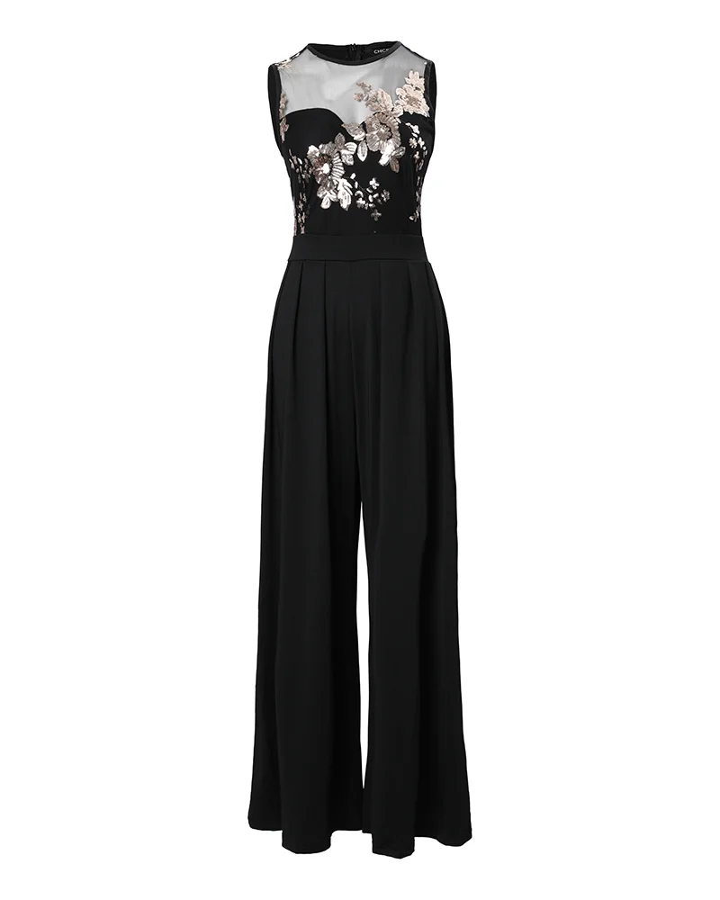 Spring Women\'s Jumpsuit 2023 Fashion Sexy Contrast Sequin Floral Pattern Round Neck Sleeveless Wide Leg Long Party Jumpsuit