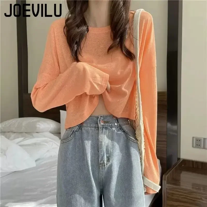 Long Sleeve Thin Crop Top Summer Knitted Ice Silk Sunscreen Blouse