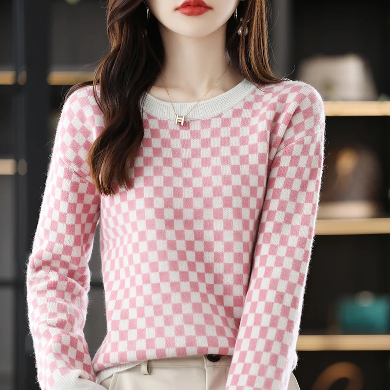 

Cashmere Sweater Women Winter 100% Pure Wool Knit Crew Neck Sweater Casual Plaid Soft Pullover Slim Fit Fashion Top Women