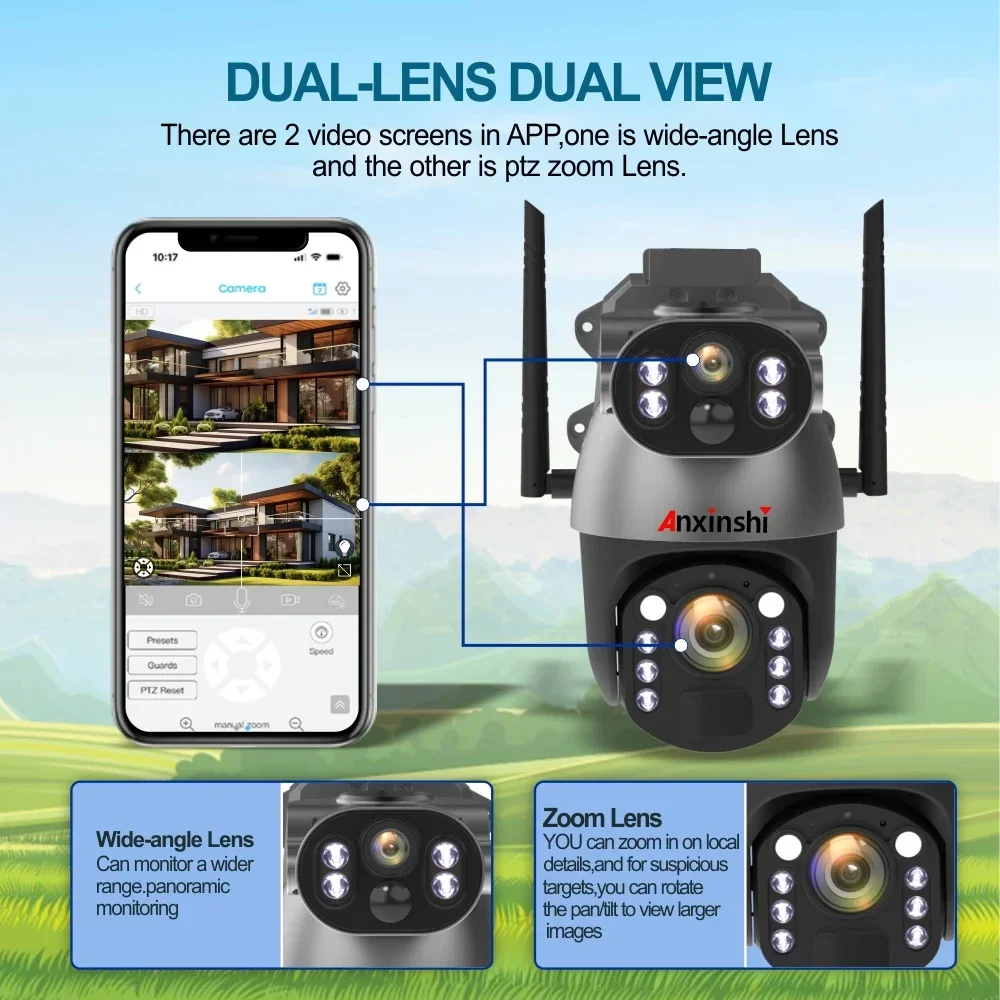 안신시 브랜드 4G LTE 태양광 무선 UBox 앱 지원 50배줌 태양광 카메라 (양방향 오디오, 듀얼 태양광 패널 포함)