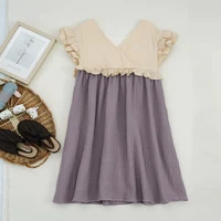 2024 Cotton and Hemp Girls summer retro short sleeved color blocked dress loose casual dress, 320006KLP 2