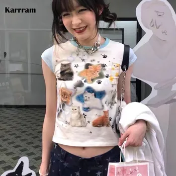 Karrram Y2k Aesthetics Tops Japanese Harajuku T-shirt 2000s Kawaii Cat Print Short Sleeve Tee Shirts Fairycore Patchwork Tshirt 1