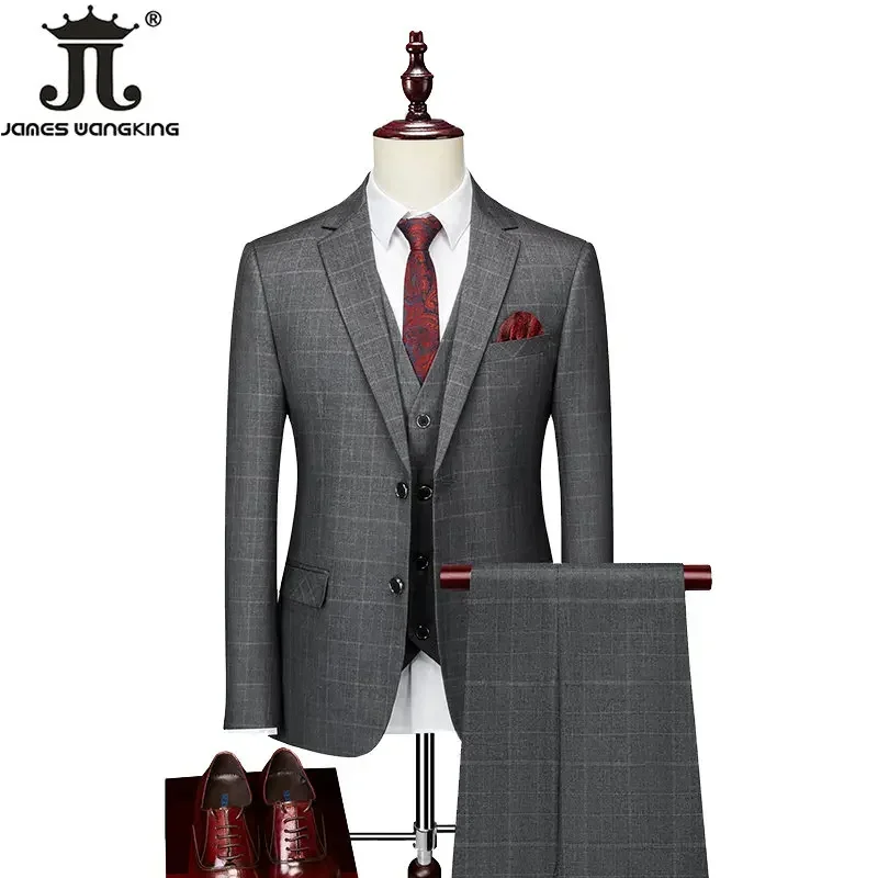 High-end Brand Classic Blue or Gray Plaid Men's Casual Business Suit Retro Official Suit Groom Wedding Dress Jacket Vest Pants