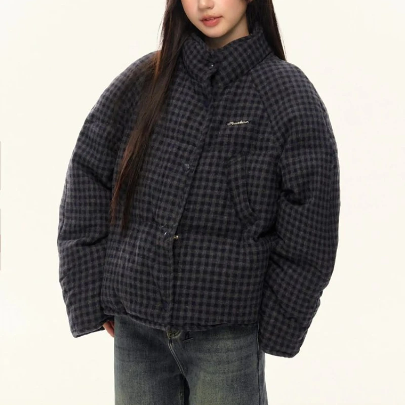 Korean-style Plaid Short Cotton Jacket Thickened Warm Stand Collar Loose Plus-size Winter Jacket Casual Long-sleeve Outerwear