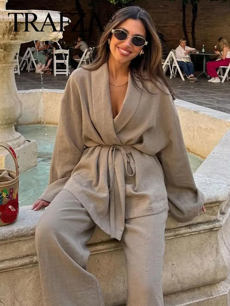 TRAFZA Woman 2 Piece Trousers Set Solid V Neck Long Sleeves Loose Lace Up Top + Elastic Waist Wild Women's Wide Leg Long Pant