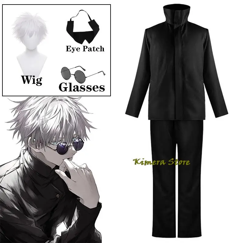 

Anime Jujutsu Kaisen Gojo Satoru Cosplay Costume Tops Pants Eye Patch Halloween Party Men Uniform Wigs