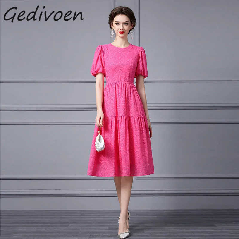 

Gedivoen Summer Fashion Runway Elegant Temperament Dress Women's Lantern Sleeve Embroidery Splicing Ruched High Waist Midi Dress