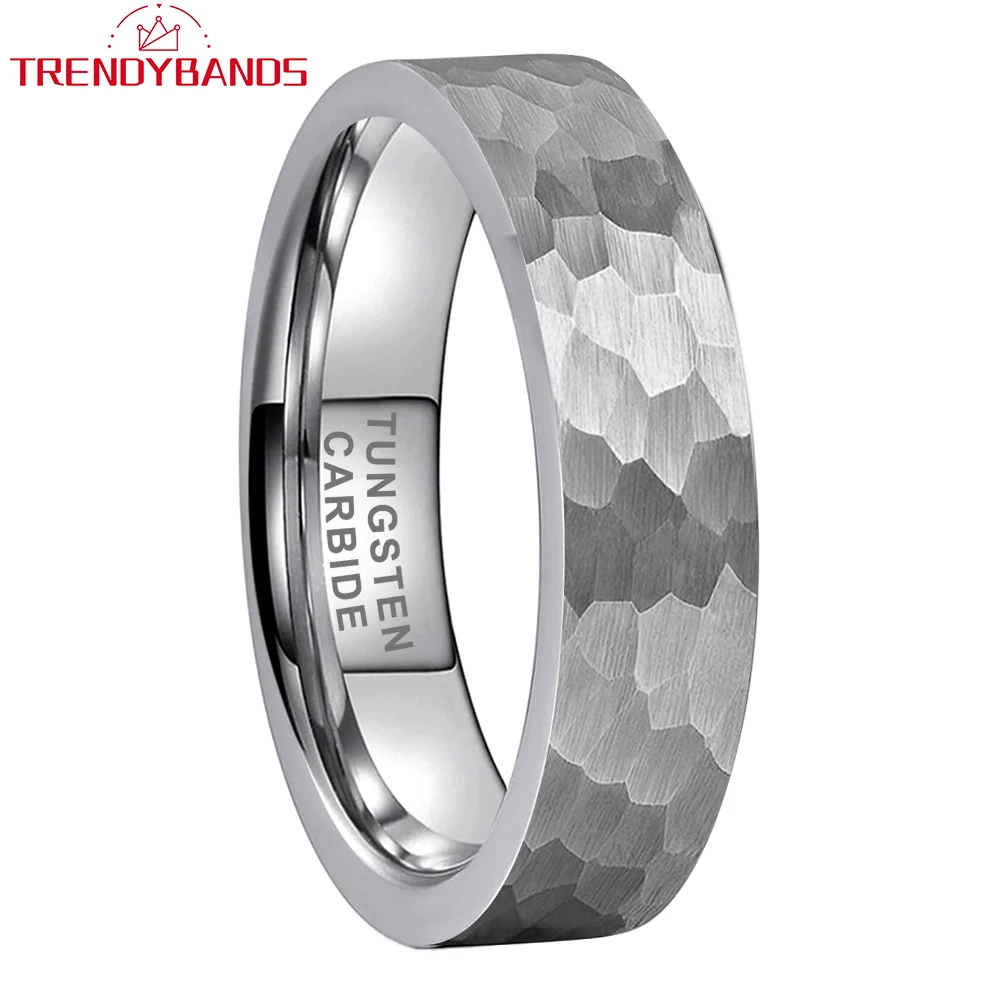 6mm Tungsten Carbide Ring Multifaceted Hammered for Men Women Engagement Wedding Band Brushed Finished Comfort Fit