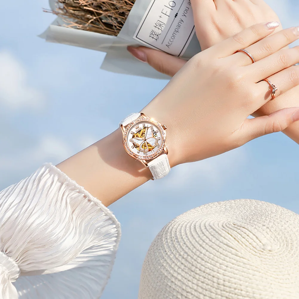 OLEVS Watch for Women Ceramic Strap Waterproof Luminous Diamond Skeleton Tourbillon Dial Women's Automatic Mechanical Wristwatch