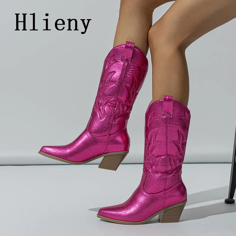 

Женские ковбойские сапоги Hlieny, удобные ковбойские сапоги до колена в стиле ретро, обувь на низком каблуке, большие размеры 42 43