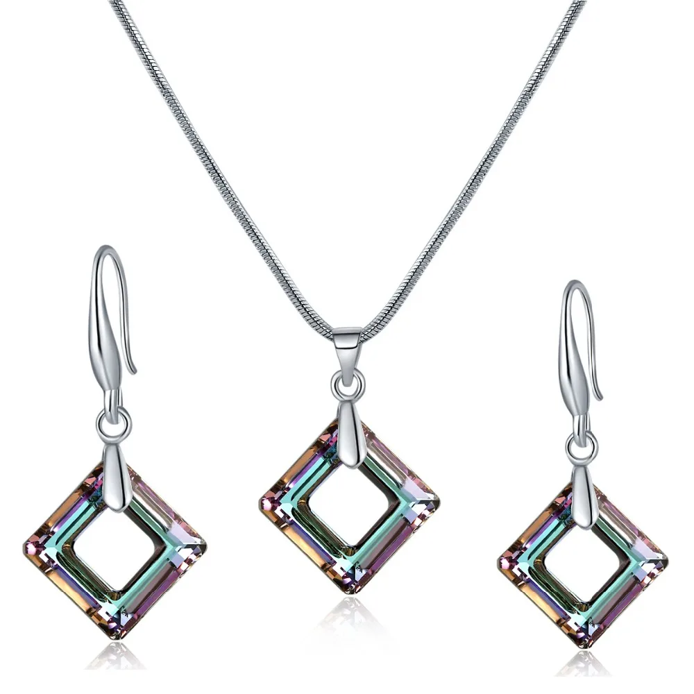 

BAFFIN Square Ring Stones Jewelry Sets Genuine Crystals From Austria Silver Color Pendant Necklace Dangle Earrings For Women