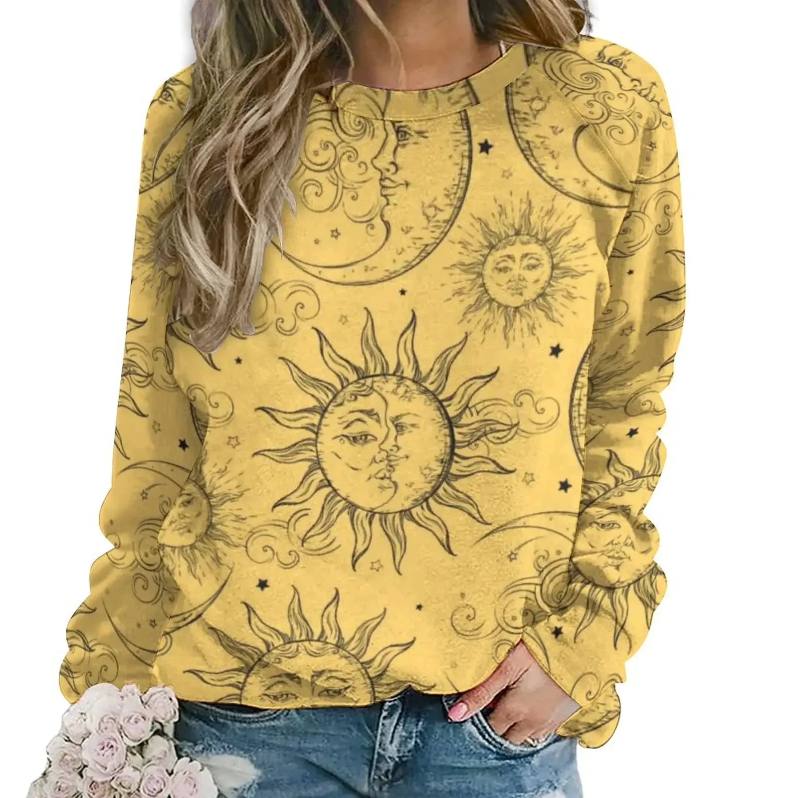

Vintage Celestial Sun Hoodies Womens Yellow Magic Moon Stars Harajuku Casual Hoodie Winter Long Sleeve Retro Design Clothes