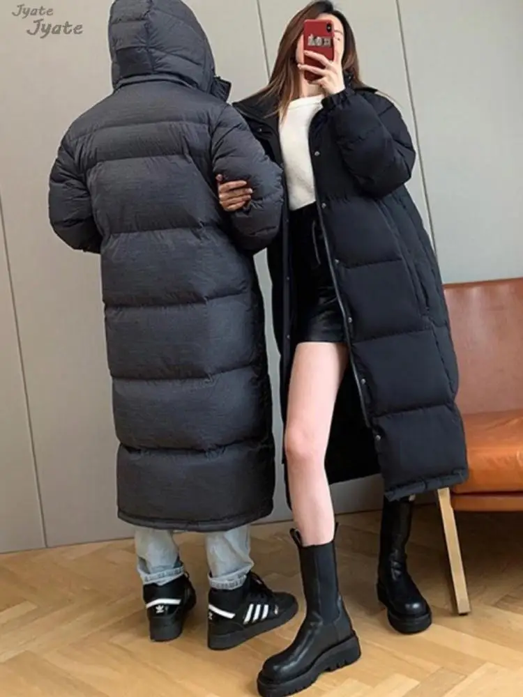 

Heavy Long Warm Coats Parkas Women Simple Solid Color Hooded Knee Mid-length Black Coat Casual Zipper Fluffy Cotton Jacket