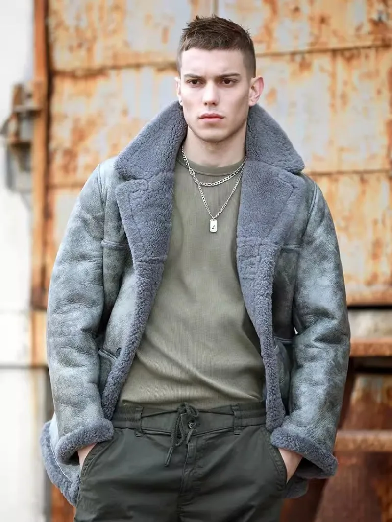 Winter Thick Warm Mens Real Fur Pilot Jacket Original Eco Middle Long Street Motorcycle Overcoat Genuine Leather Shearling Coat