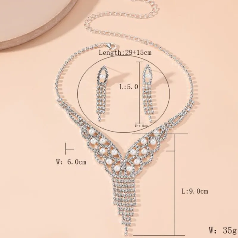 FYUAN Geometric Rhinestone Necklace Earrings For Women Long Tassel Jewelry Sets Ladies Weddings Banquet Accessory jewelry sets,jewelry set,women earrings,chain necklace