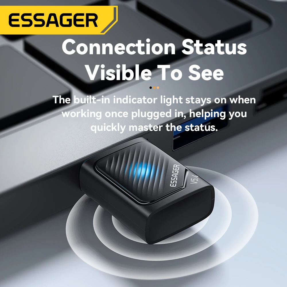 Essager USB Bluetooth 5.4 5.3 Dongle Adapter for PC Bluetooth Receiver & Transmitter for Bluetooth Keyboard/Mouse Drive free 20M