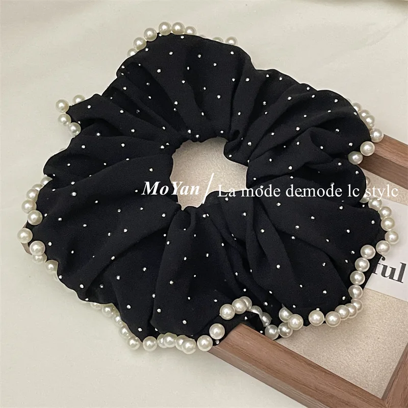 

Super Large Scrunchies for Girls Hair Ties With Pearls Yarn Hairties Black White Scrunchie for Thick Hair Accessories