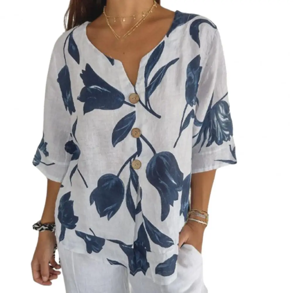 

Women Blouse Leaf Printed V Neck Blouse for Women Retro Loose Fit Three Quarter Sleeve Shirt Soft Breathable Summer Top Women
