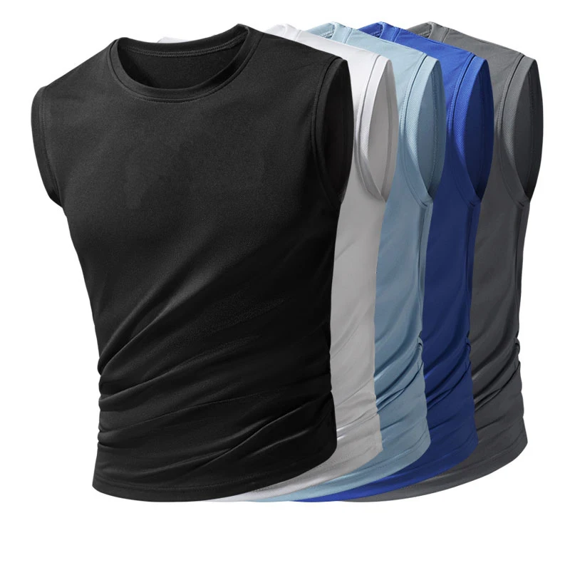 남성용 아이스 실크 민소매 조끼, 피트니스 스포츠 러닝 티셔츠, 통기성 루즈한 대형 피규어, 반팔, 단색, 신제품