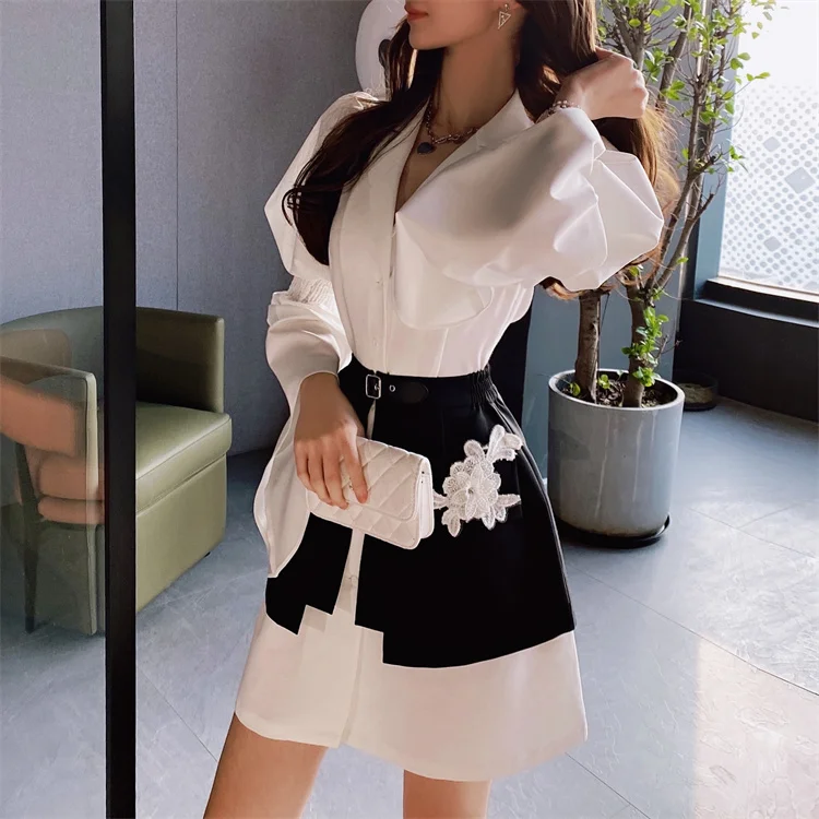 formal pant suits Dabuwawa Office 2 Pcs Mini Skirts Suit Women Long Sleeves Shirt Dresses Sets Pocket Sash Two Pieces Sets Female DF1ADR004 elegant pant suits