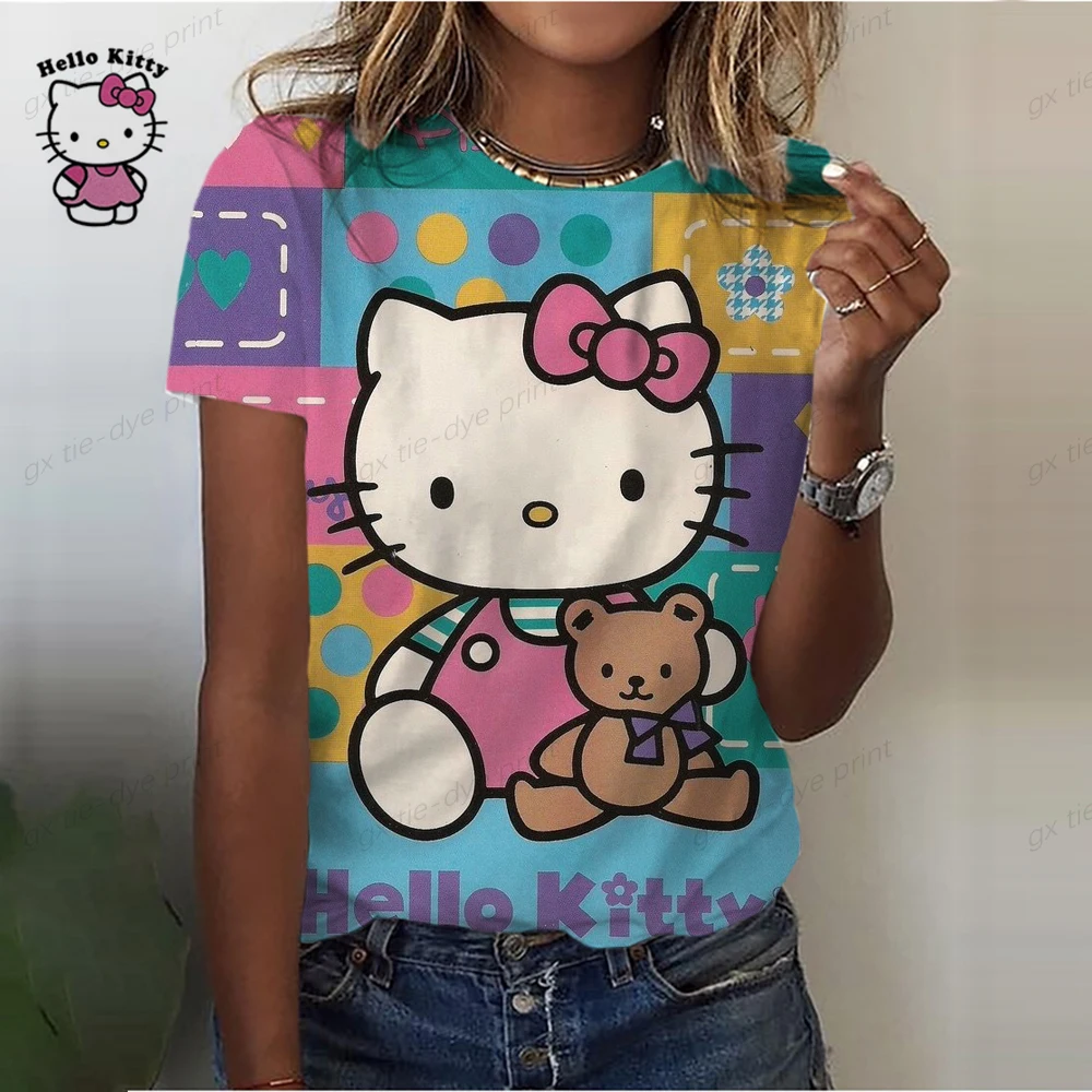 thumbnail image 1 of Camiseta de algodón de Hello Kitty para mujer, camiseta de verano con estampado de dibujos animados y cuello redondo, camisa de manga corta para mujer, chándal, ropa holgada, 1 of 5