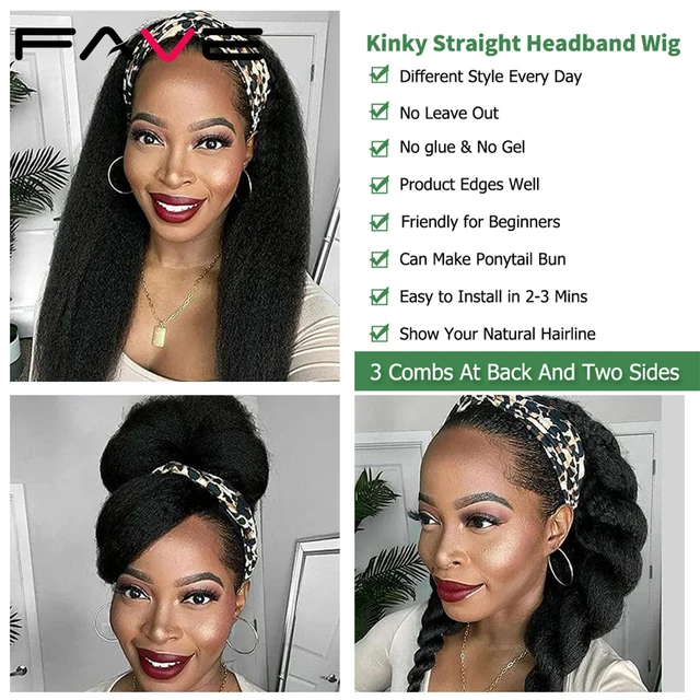 Fave Kinky Straight Headband Wig Synthetic 26 Inch Yaki Straight Hair Heat Resistant Fiber Kinky Afro Wigs For Black White Women 2