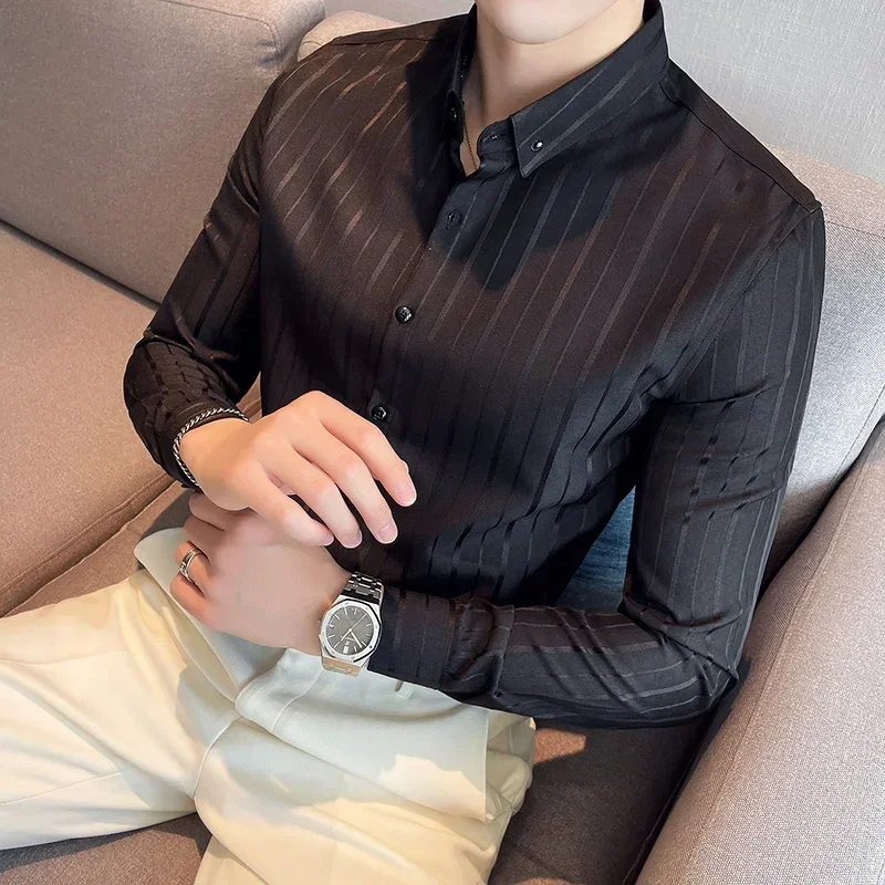 

Spring New Long Sleeve Stripe Shirt Men 2023 Simple Slim Fit Casual Business Formal Wear Chemise Homme Dress Social Club Shirt