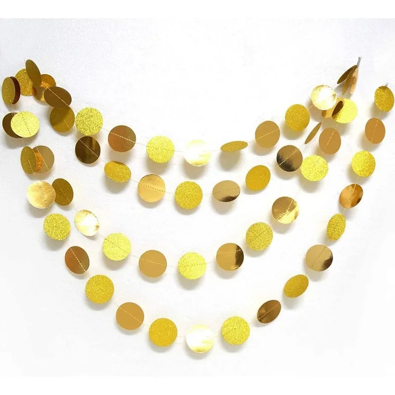 Gold Circle Dots Garland Golden Party Decorations Glitter Polka Dots Streamers Hanging Backdrop Bunting String for Wedding Decor
