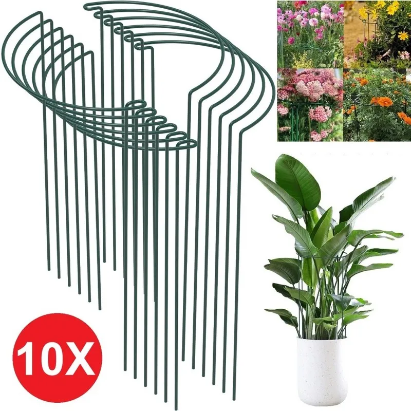 10pcs Plant Support Stakes Half Round Metal Garden Plant Stake Peony Cages and Supports Green Plant Support Ring Border