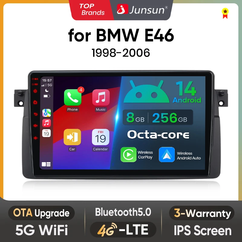 Junsun Wireless CarPlay for Apple Android14 Auto Car Radio for BMW E46 M3 318/320/325/330/ Multimedia Navi Stereo