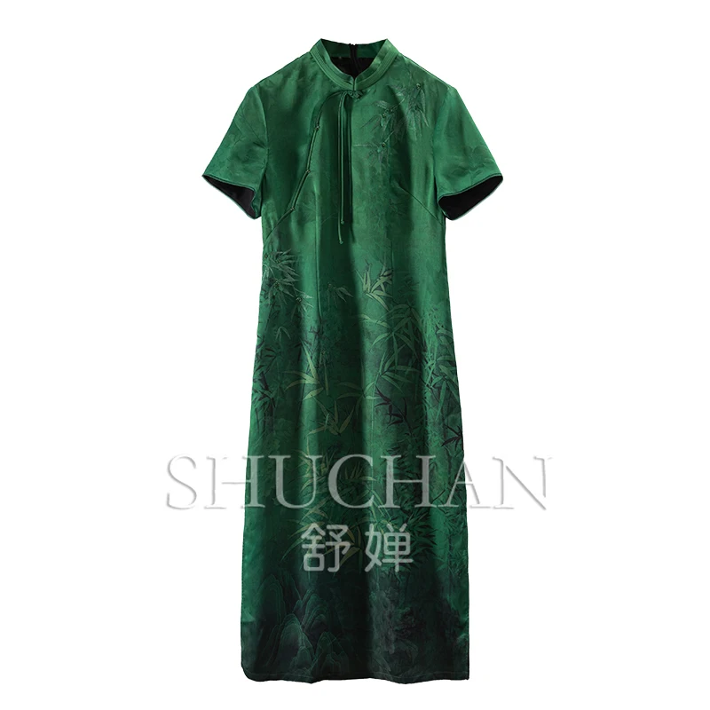 

Cheongsam Bamboo Leaf Printing+nail Bead Embroidery+ Jacquard New 2024 Summer Dress Women Vestidos De Fiesta