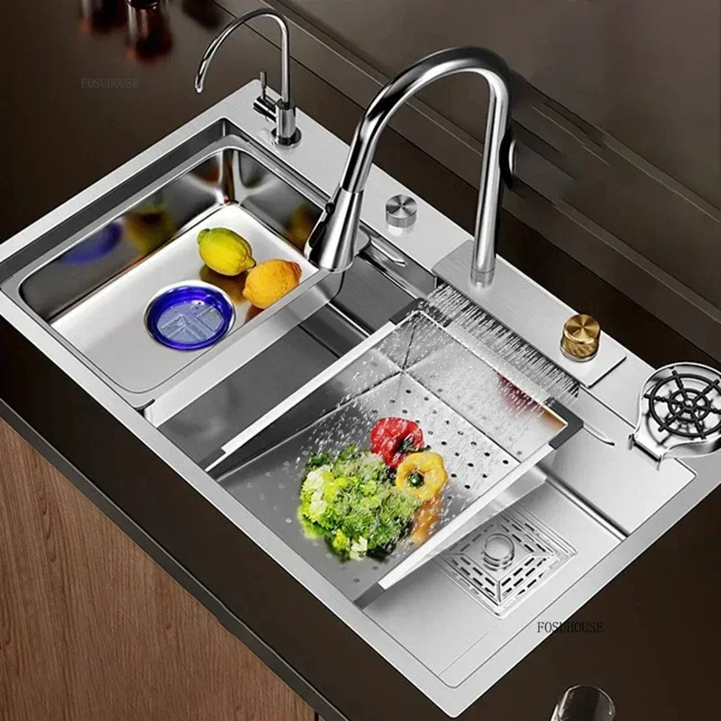 Italian Brushed Metal Kitchen Sinks for Rental Houses Waterfall Large Single Trough Table Control Sink Creative Sink for Kitchen