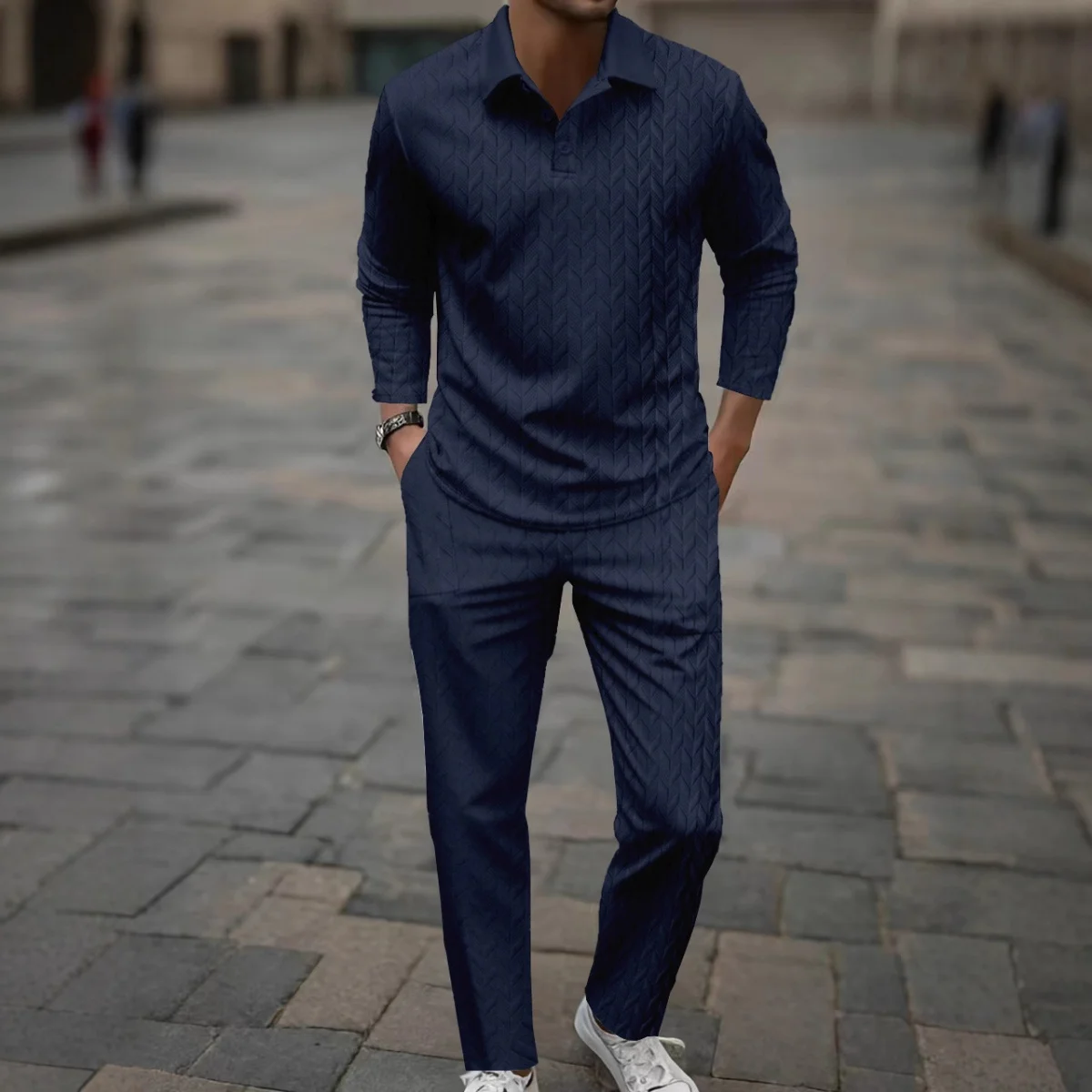 قميص بولو عصري للرجال دافئ في الربيع والخريف لون نقي نمط أذن القمح طقم سراويل طويلة رياضية غير رسمية بأكمام طويلة