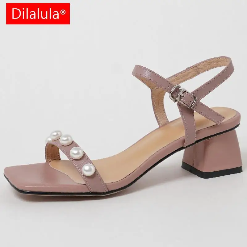 

Dilalula Women Sandals Sweet Concise Pearl Genuine Leather Office Ladies Wedding Party Casual Thick Heels Shoes Woman Summer New