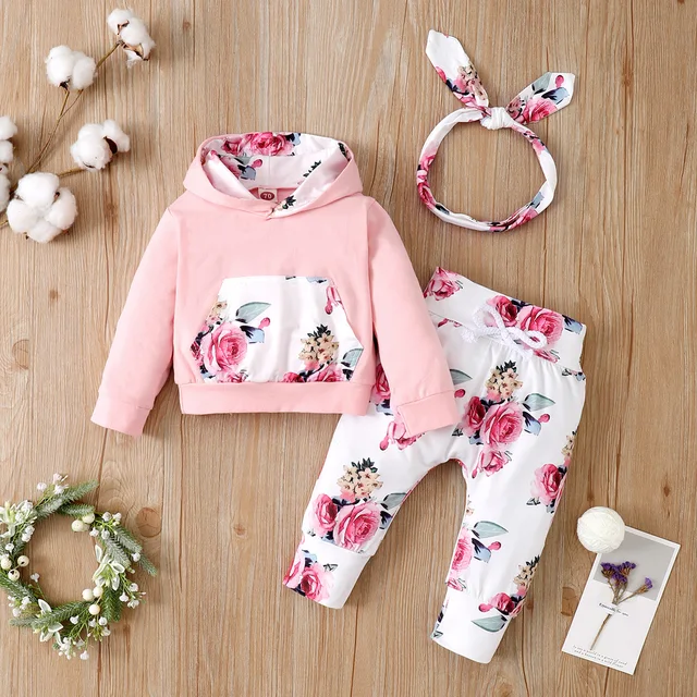 0-24 Months Newborn Baby Girl Floral Clothes Set Hooded Printed Top + Pant + Headband 3pcs Autumn ; Winter Toddler Girl Outfit