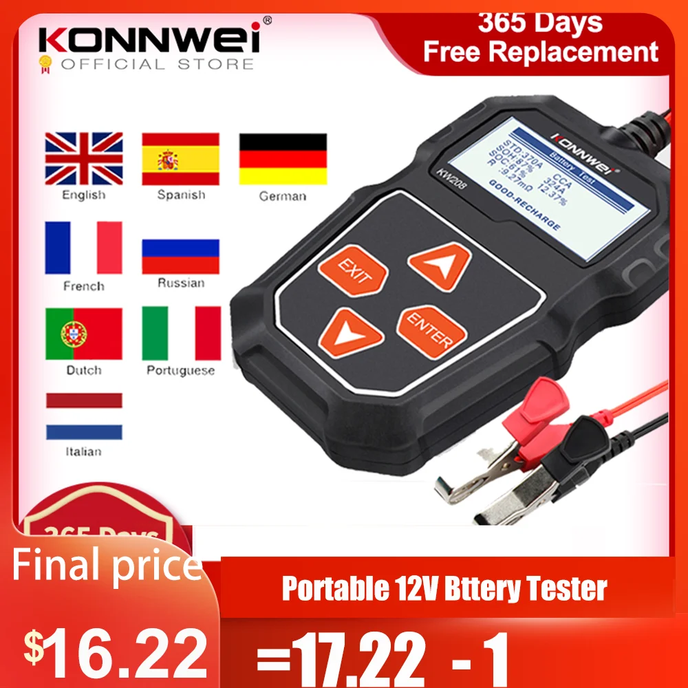 KONNWEI KW208 Car Battery Tester 12V 100 to 2000CCA Cranking Charging Circut Tester Battery