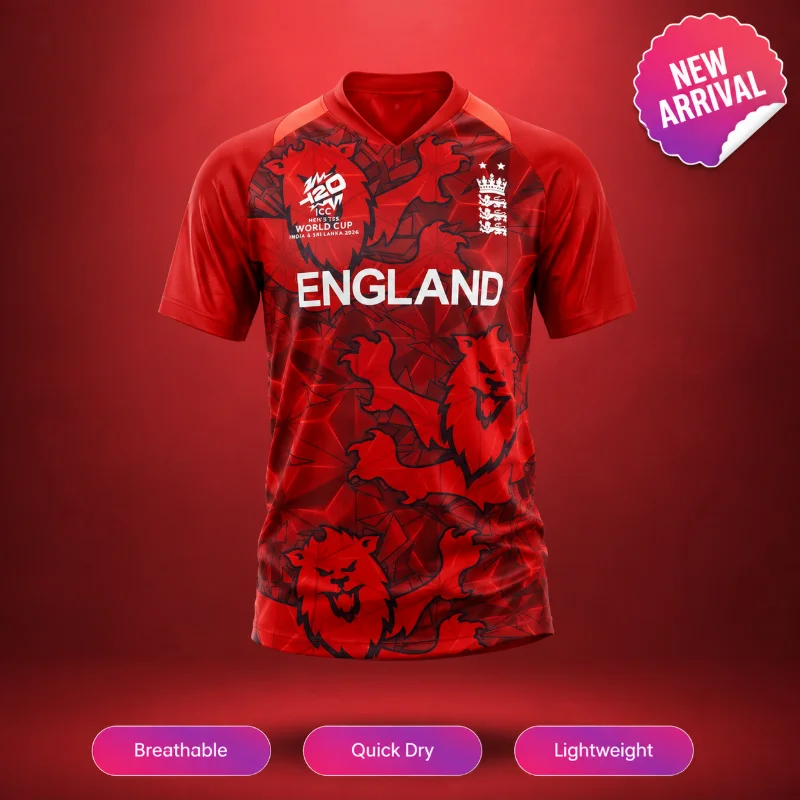 2026 England ICC T20 Cricket 3D-Druck Trikot, Herren Sommer Neues Sport-T-Shirt, Atmungsaktives Schnelltrocknendes Trainings-Sweatshirt