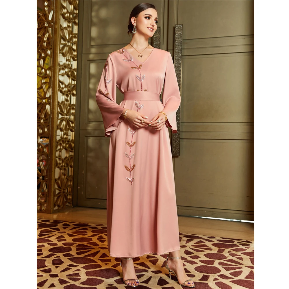 

Abaya Dubai Satin Long Evening Dress Women Muslim Belted Jalabiya Eid Ramadan Islam Clothing Turkey Kaftan Robe Moroccan Caftan