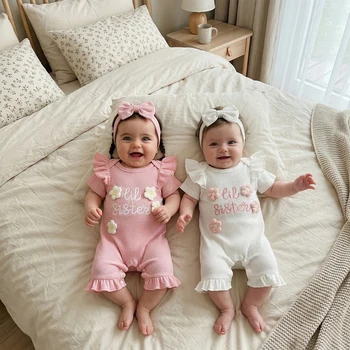 Newborn Clothes Baby Girl Summer Outfits 3D Flower Short Sleeve Ruffled Romper and Bow Headband Set Baby Clothing