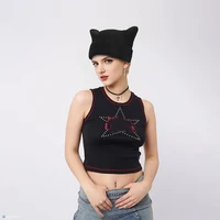 Corchet Cute Cat Ears Beanie Hat for Women Winter Striped Korean Fashion Y2K HipHop Cosplay Knitted Streetwear Men Skullies 3