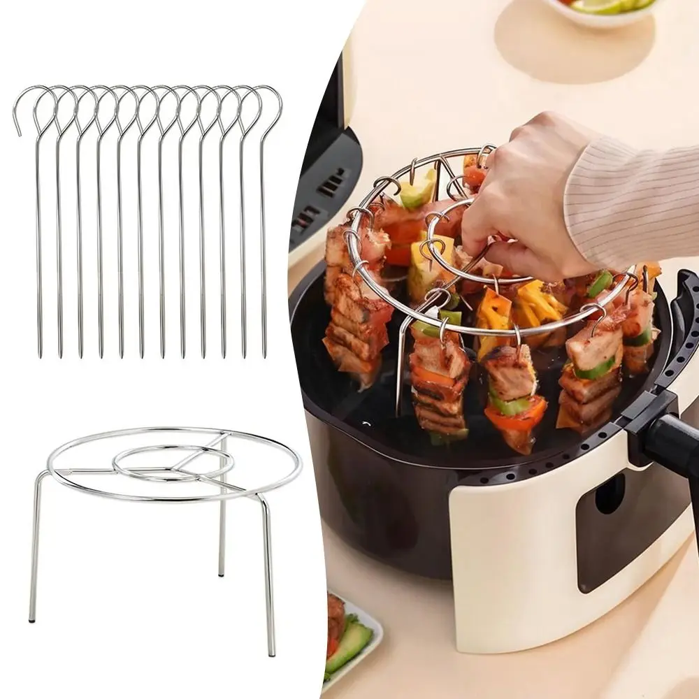 Durable Stainless Steel Air Fryer Grill Round Barbecue Grill with Grilled Skewers Hanging Skewers Rack Vertical Grill Rack