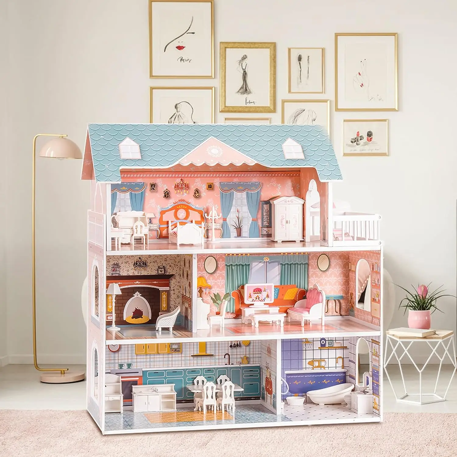 Wooden Dollhouse for Kids Girls, Toy Gift for 3 4 5 6 Years Old, with Furniture
