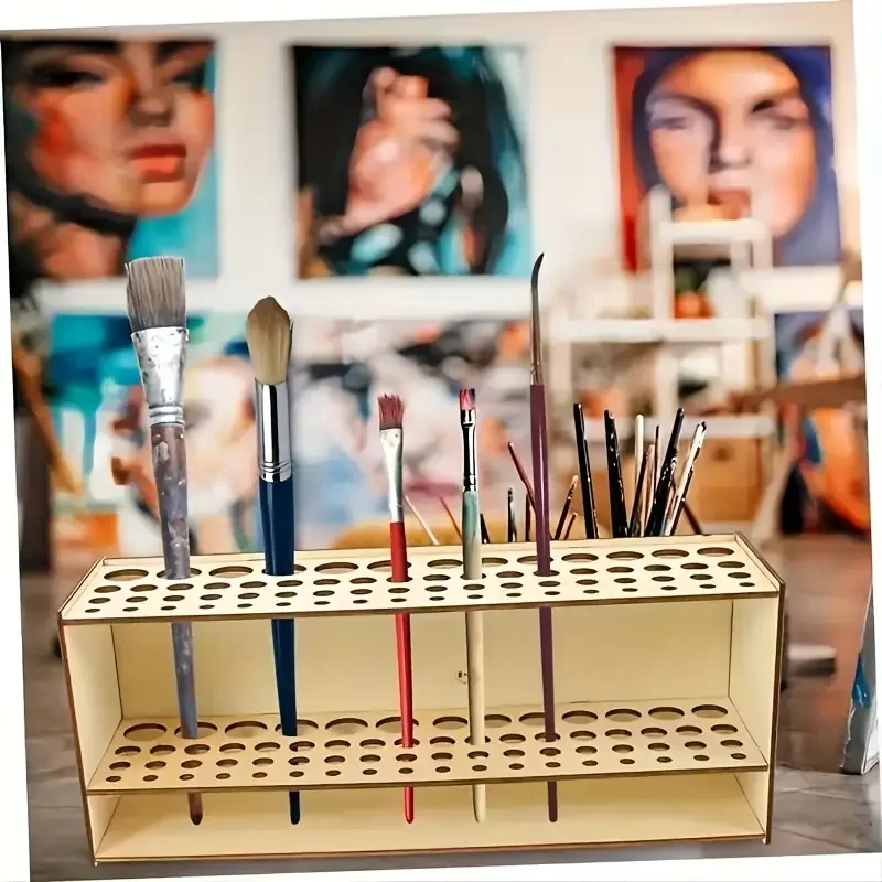 67 Hole Wooden Pen Holder Desktop Storage Rack Simple Makeup Brush Holder Used for Painting for Art Student Gift