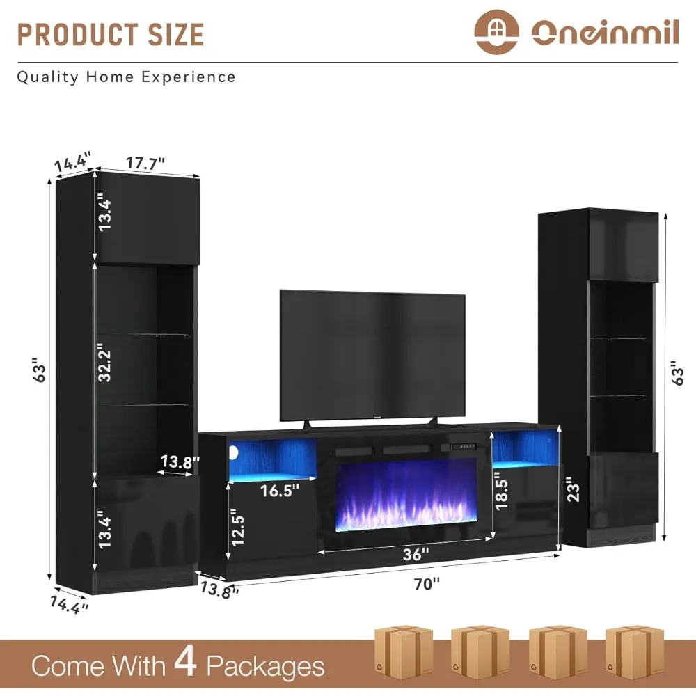 Fireplace TV Cabinet with 36 Inch Electric Fireplace, LED Lights Entertainment Center, 2-story TV Console Bracket 6