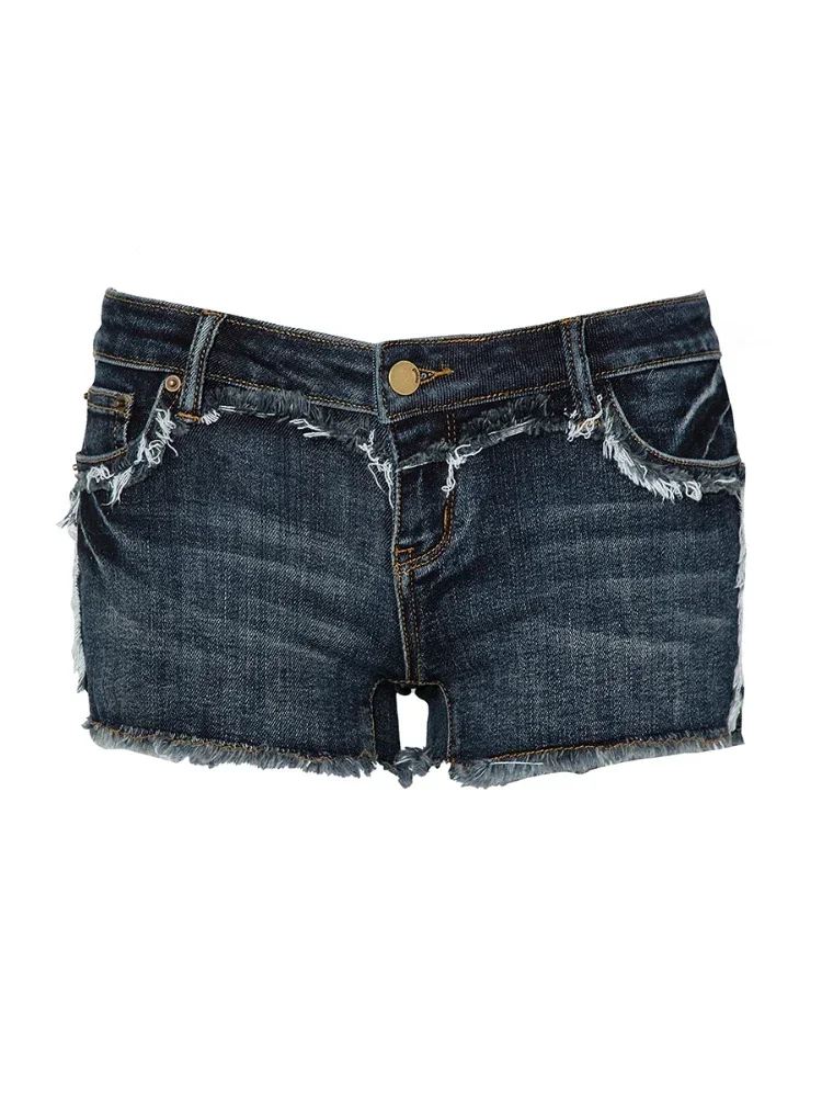 Denim Shorts Women\'s Dark Blue Frayed Waist Wear-Resistant Washed Cotton Stretch Fashion Casual Retro Mid-Low Waist Sexy Summer