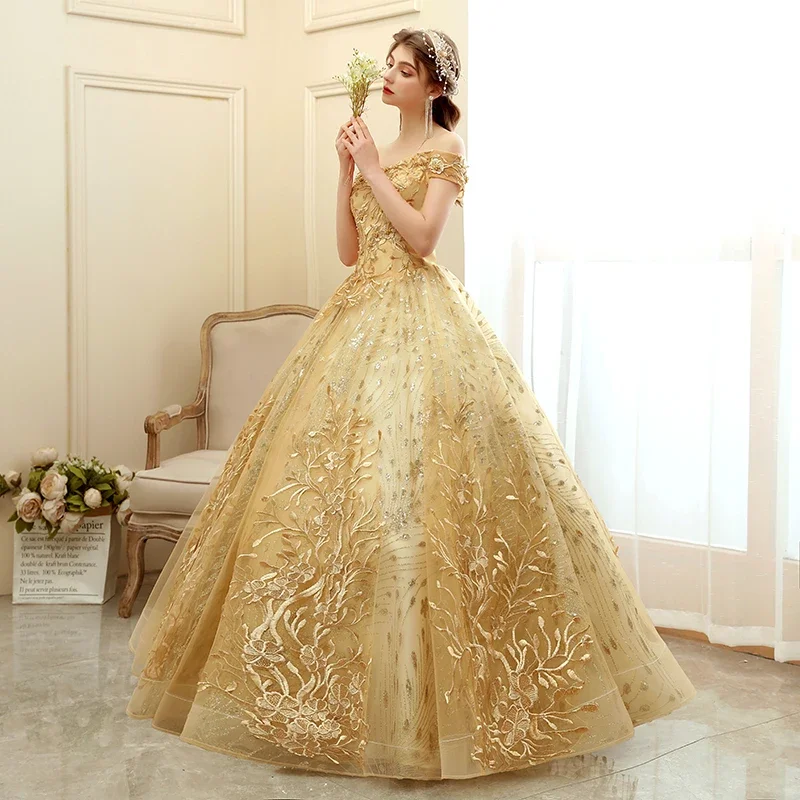 Off The Shoulder Party Gold Quinceanera Dress New Prom Dress Ball Gown Vintage Lace Quinceanera Gown Plus Size