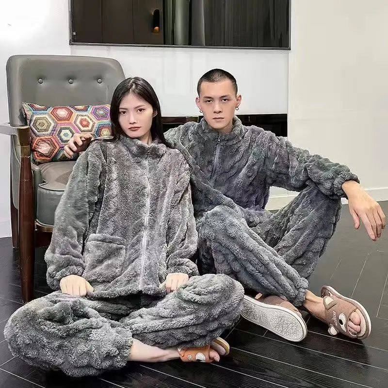 Loose Pajamas Set Warm Sleepwear Coat Men Zip Flannel Winter Pajama Sets Male Long Sleeve Casual Unisex Pyjamas Fleece