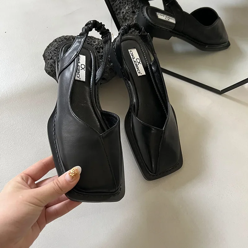 New Ladies Sandals Square Toe Elegant  Fashion Ladies Elastic Band Flat Heel Women Shallow Party Shoes Square Heel Sandal