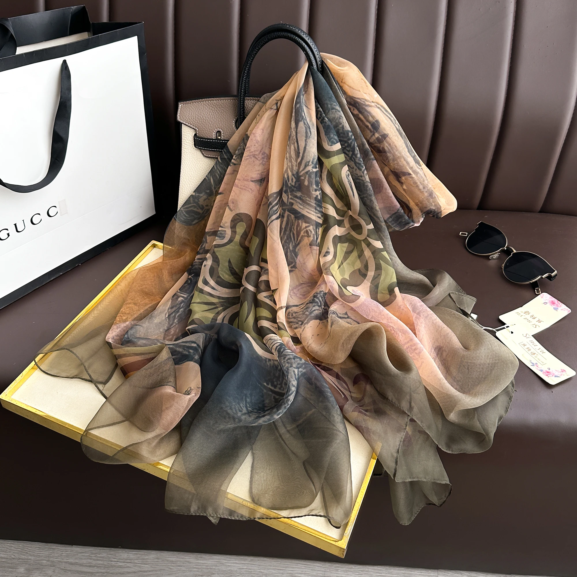 2025 Fashion Silk Scarf Women Foulard Thin Stoles Beach Travel Tippet Floral Long Veil Shawl Luxury Scarves Soft Premium Pareos